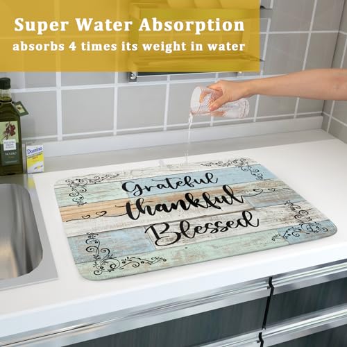 Rustic Wood Dish Drying Mat 18x24 Inch Grateful Thankful Blessed Kitchen Drainer Mats Absorbent Microfiber Rack Holder Countertop Pad (grateful thankful / 18" x 24")