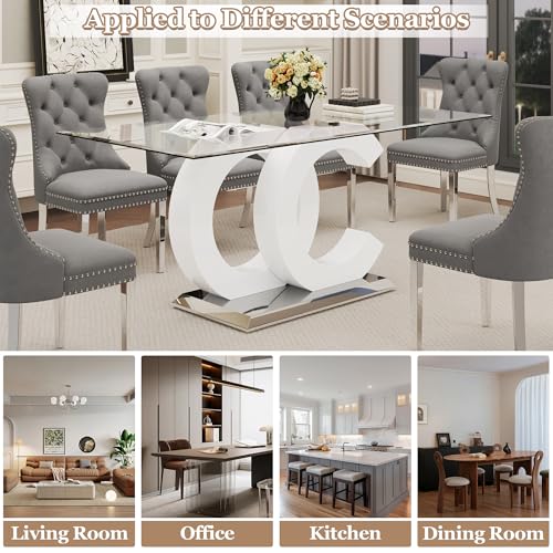 7 Piece Glass Dining Table Set for 6 (White Table & Silver Grey Chair / 7-Piece Set-OC-Shaped Table)