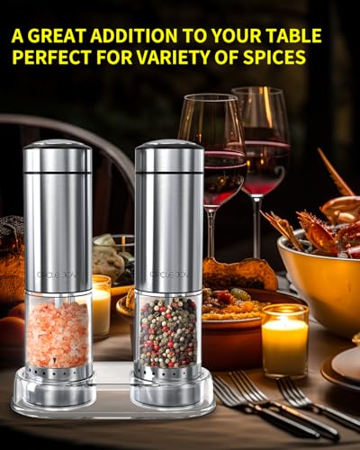 Battery Operated Electric Salt and Pepper Grinder Set with Base (Battery Operated Set with Base - Silver - Plus)