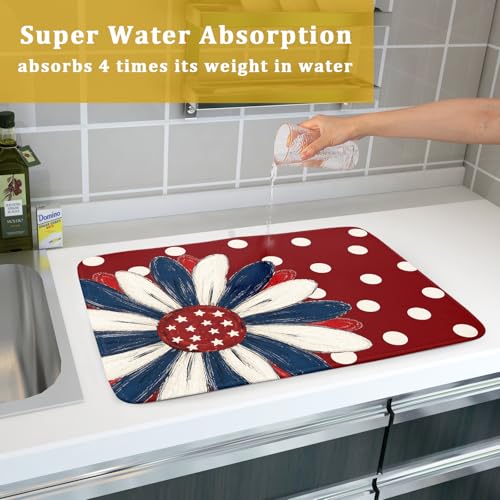 Patriotic Dish Drying Mat 18x24 In Red and Blue Daisy Microfiber Kitchen Draining Mat for Countertops (Patriotic Floral Red / 24" x 18")