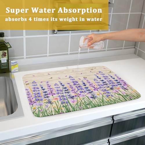 Lavender Floral Dish Drying Mat 18x24 inch Spring Summer Flower Decorative Fast Dry Dishes Drainer Mats Reversible Washable Dish Rack Pad (Lavender Floral / 18" x 24")