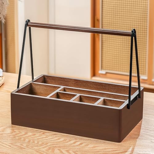 Silverware Caddy with Handle Acacia Wood Utensil Holder Paper Plate Holder (Acacia Wood)