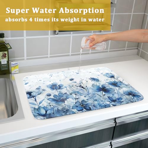 Blue Floral Dish Drying Mat for Kitchen Counter Watercolor Leaves Dishes Drainer Rack Mat Absorbent Microfiber Dish Draining Pad 18x24 Inch (Watercolor Blue Floral / 24" x 18")