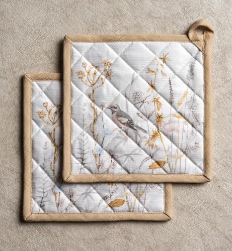 Pot Holders 100% Cotton Potholders (088 - Meadow Florals - Beige / 8" x 8" (Pot Holder Pack of 2))