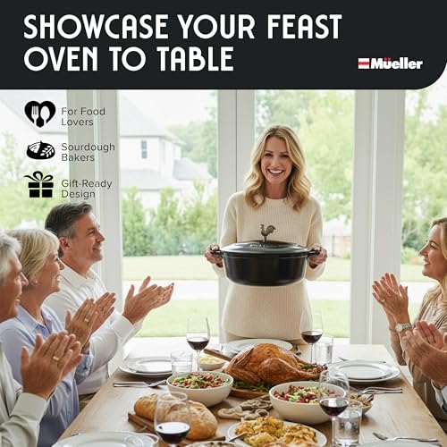 MUELLER HOME 5.5 Quart Enameled Cast Iron Oval Dutch Oven with Rooster Knob & Cotton Potholders (5.5 Quart -Oval / Black)