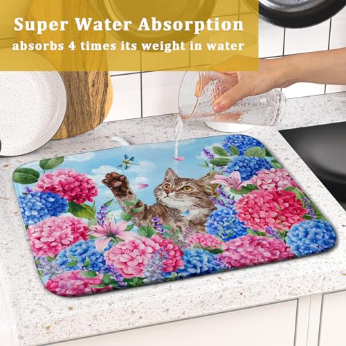 Hydrangea Floral Dish Drying Mat Cute Cat Microfiber Absorbent Dish Drying Pad for Kitchen Counter 16 X 18 (Colorful Hydrangea Cat / 18" x 16")