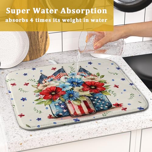 American Patriotic Floral Dish Drying Mat Flower Vase Drainer Rack Mats 16"x18" Absorbent Microfiber Dish Dry Pad for Kitchen Counter Sink (Patriotic Floral Vase / 16" x 18")