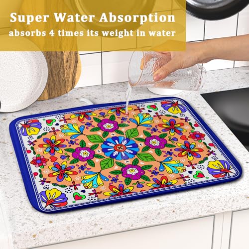 Mexican Talavera Dish Drying Mat Navy Blue Microfiber Dish Drain Pad for Kitchen Decor (Mexican Talavera Blue / 18" x 16")