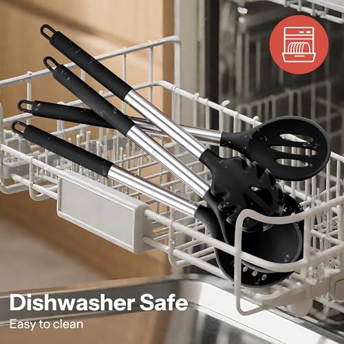28 Piece Silicone Kitchen Utensils Set with Stainless Steel Handles (Black / 28 Piece)
