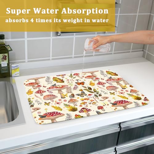 Magic Mushroom Dish Drying Mats Botanical Decorative Absorbent Drying Pad Microfiber Kitchen Sink Rack Mats 18 X 24 Inch (Wild Plant - Multi / 24" x 18")