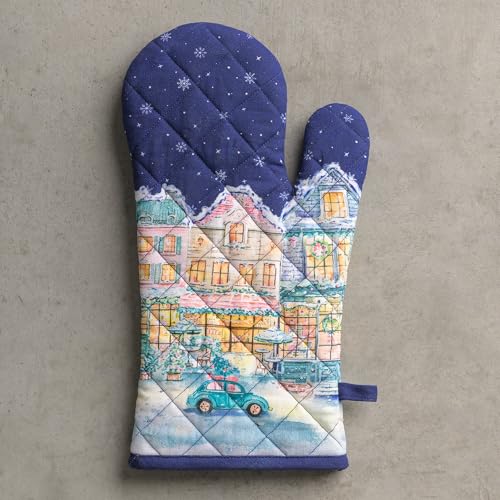 Maison d'Hermine Oven Gloves 100% Cotton Oven Mitt (123 - Christmas Market - Blue / 7.5" x 13" (Oven Mitt))