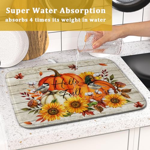 Hello Fall Dish Drying Mat Autumn Pumpkin Dish Drainer Rack Mats 16"x18" Fast Dry Microfiber Dish Drying Pad for Kitchen Countertop Table (Pumpkin Sunflower / 16" x 18")