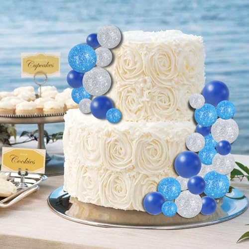 40 Pcs Ball Cake Toppers Mini Balls Cake Decorations Blue Silver Foam Balls Sticks DIY Cake Topper for Baking Congrats Grade 2026 Graduation Birthday Winter Party Decorations (40 Count)