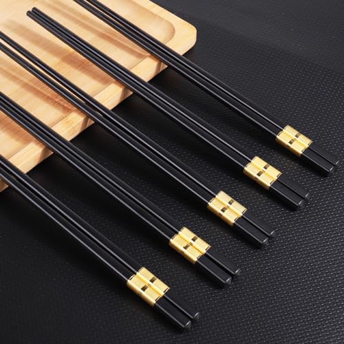 5 Pairs Premium Chopsticks Reusable Dishwasher Safe 9.5 Inch Fiberglass Chop Sticks Gift Set Non Slip Black+Gold (Black + Gold)