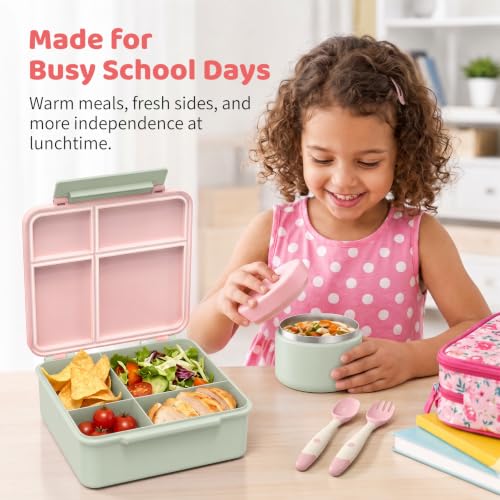 Bento Lunch Box with 8oz Soup Thermo (Green-Pink)