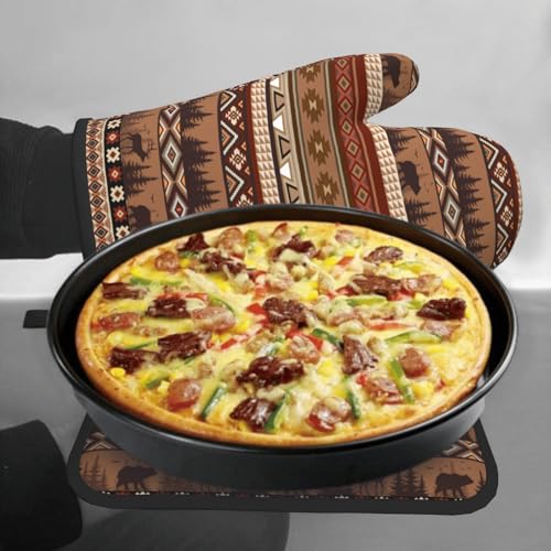 Rustic Bear Deer Oven Mitts and Pot Holder Sets Boho Ethnic Hot Pads Non (Rustic Bear Deer)