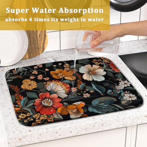 Vintage Floral Dish Drying Mat 16x18 inch Boho Flower Drainer Mats Fast Dry Absorbent Washable Dish Rack Pad Protector Kitchen Accessories (Vintage Floral / 16" x 18")