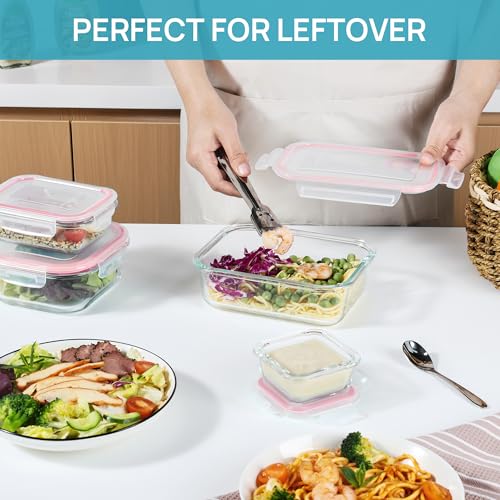 8 Pack Glass Food Storage Containers with Airtight Lids (Pink)