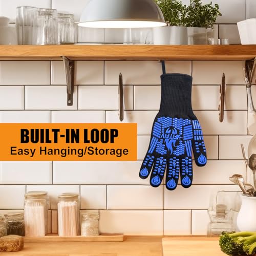 BBQ Gloves 1472°F Heat Resistant with Silicone Grip Oven Mitts (Blue / Long (Glove L 13.78" × Palm W 6.33"))