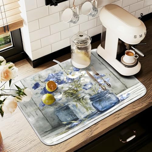 Vintage Blue White Flower Jars3 Dish Drying Mat for Kitchen Counter Absorbent Microfiber Small Drying Pad Dish mats for Kitchen Countertops 16 x 18 Inch (Vintage Flower Jars / 18" x 16")