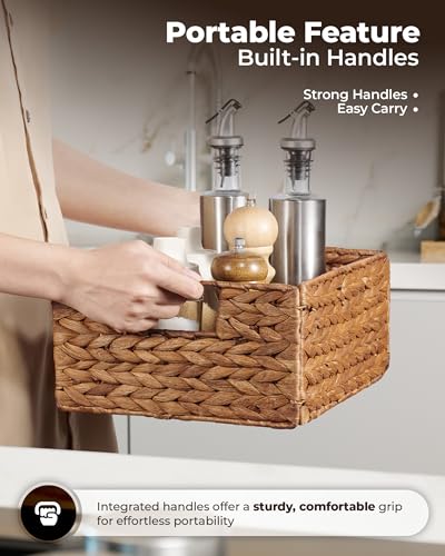 Woven Water Hyacinth Storage Baskets with Handles (Brown / Rectangular Basket_Pack 6)