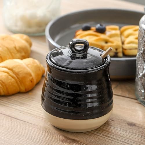 Ceramic 12 Ounce Honey Jar and Dipper Set (Black)