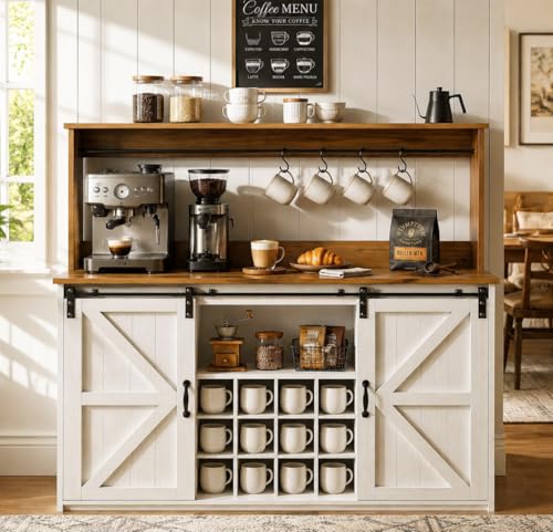 55" Farmhouse Coffee Bar Cabinet with Storage Hutch (55Inch / White)