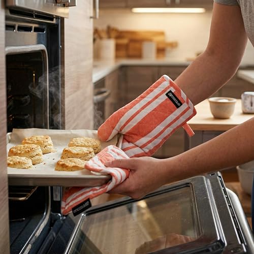 Oven Mitts and Pot Holders Set (Oven Glove + Pot Holder / Franca Orange Stripes)