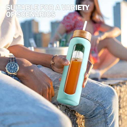 32oz Glass Water Bottle with Straw and 2 Lids (Mint Green / 32 Ounces)