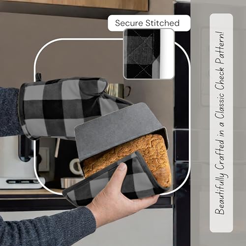Buffalo Plaid Check Oven Mitts and Pot Holders Set of 4 (Buffalo, Light Grey & Black)