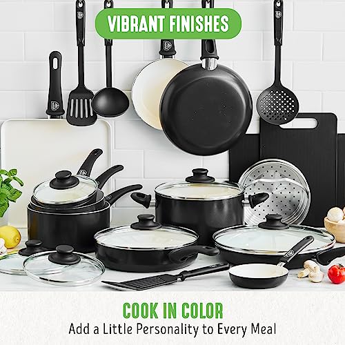 Soft Grip Healthy Ceramic Nonstick 23 Piece Kitchen Cookware Pots and Frying Sauce Saute Pans Set with Kitchen Utensils (23 Piece Cookware Set / Black)