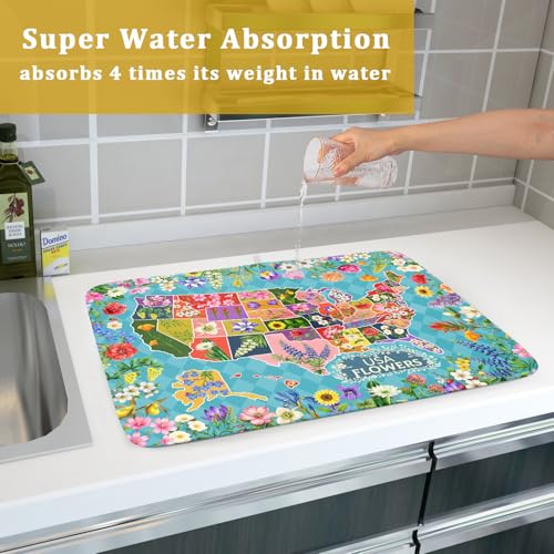 Flower Map Dish Drying Mat Colorful Floral Microfiber Large Dish Drying Pad for Kitchen Counter 18 X 24 In (Flower Map Green / 24" x 18")