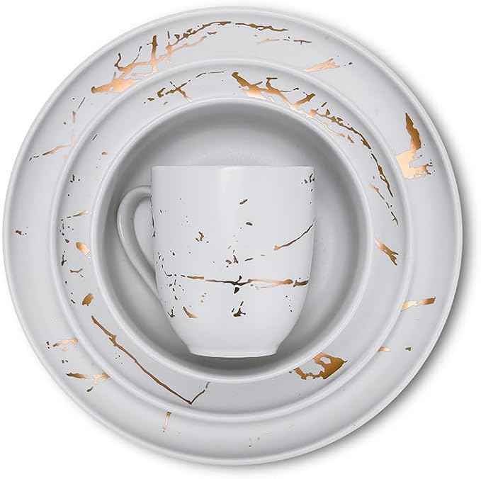 Stone Lain Porcelain 16 Piece Dinnerware set, 4 Full White Gold Splash Sets