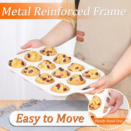 Silicone Muffin Pan for Baking with Metal Reinforced Frame (Creamy Confetti / 12-Cup Regular)