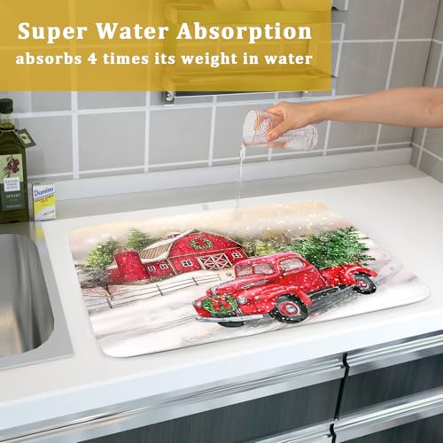 Red Truck Dish Drying Mat Xmas Tree Dish Drainer Rack Mat Winter Microfiber Absorbent Drying Pad for Home Kitchen Counter Decor 18x24 Inch (Xmas Red Truck / 18" x 24")