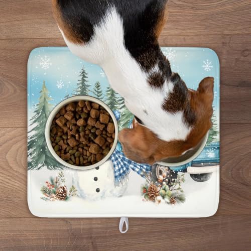 Winter Snowman Blue Dish Drying Mat Xmas Truck Dishes Pad 16"x18" Microfiber Absorbent Drainer Rack Mats Protector for Kitchen Counter Sink (Blue Snowman Truck / 16x18 inch)