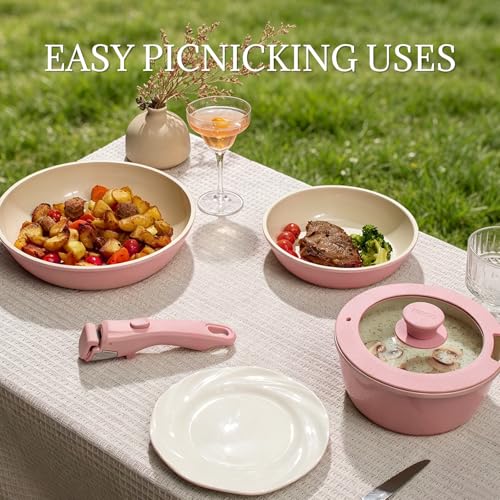 Ceramic Cookware Set Non Stick 8Pcs Pots and Pans Set Removable Handle Induction Kitchen Cookware Set with Frying Pans Oven Safe (Light Pink)