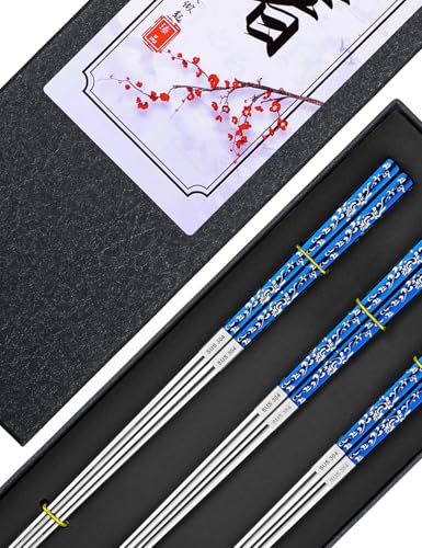 Metal Chopsticks Reusable (Floral Blue 3 Pairs)