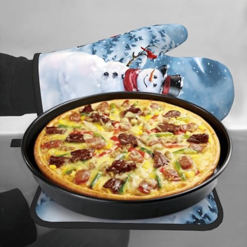 Blue Snowman Oven Mitts and Pot Holder Set of 2 Winter Snow Kitchen Gloves Potholders Heat Resistant for Chef Baking Cooking Grilling BBQ (Blue Snowman)