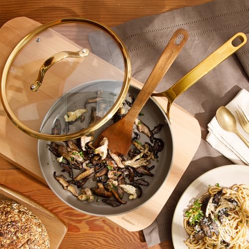 Non Stick Ceramic Frying Pan (Cappuccino Cream w/ Gold Handle / Deep Fry Pan w/ Lid (10-Inch))