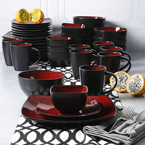 Soho Lounge Square Reactive Glaze Stoneware Dinnerware Set (Service for 8 (40pcs) / Red/Black (Soho Lounge))