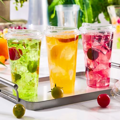 100 Pack 24 oz Clear Plastic Cups with Sip Lids (24oz 100Pack)