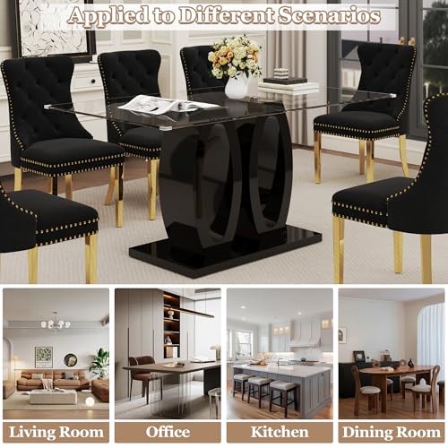 63" Glass Dining Table Set for 6 (Black Table & Gold Black Chair / 7-Piece Set-Double O-Shaped Table)