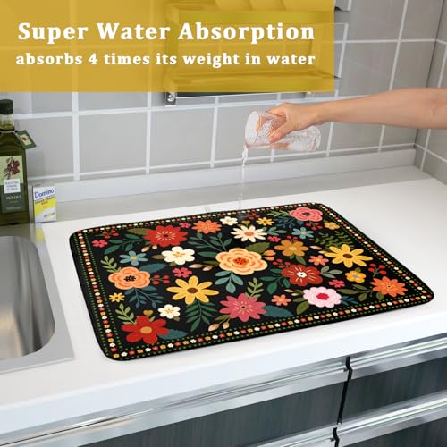 Boho Floral Dish Drying Mat 18x24 Inch Colorful Flower Dishes Dry Mats Absorbent Washable Drainer Rack Pad Protective Kitchen Counter Decor (Black Boho Floral / 24" x 18")
