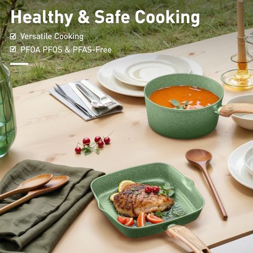 17 Piece Pots and Pans Set (Green / 17 PCS Cookware Set)