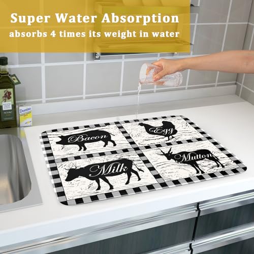 Farmhouse Animal Dish Drying Mat Buffalo Plaid Drainer Rack Mats Fast Dry Absorbent Kitchen Countertop Protector Dishes Pad 18x24 Inch (farmhouse animal / 18" x 24")