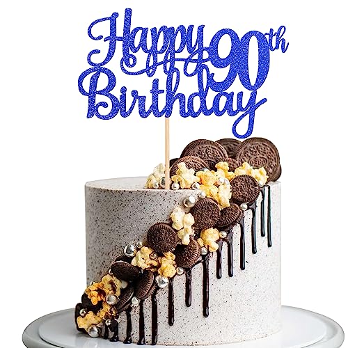 1 PCS Happy 90th Birthday Cake Topper Glitter Cheers to 90 Years Birthday Cake Pick Ninety 90 Fabulous Cake Decoration for Happy 90th Birthday Theme Party Decorations Supplies Blue (Blue / 90th)