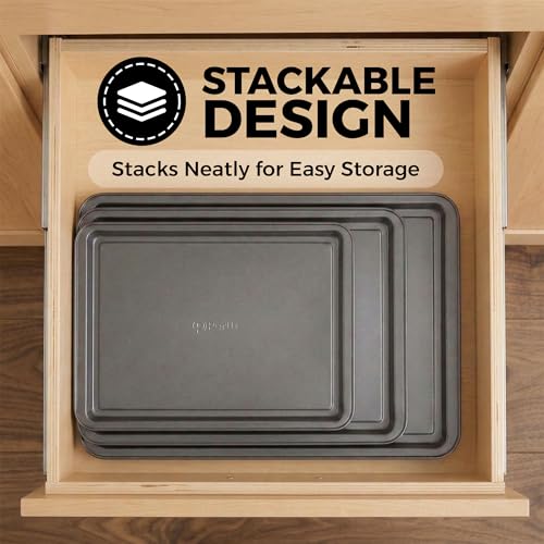 Non-Stick 3-Piece Baking Pan Set – Carbon Steel with Even Heat Distribution, Oven Safe to 446°F, BPA-Free, Dishwasher Safe, Stackable Baking Tools for Easy Storage and Everyday Cooking - Gray (3 Count)