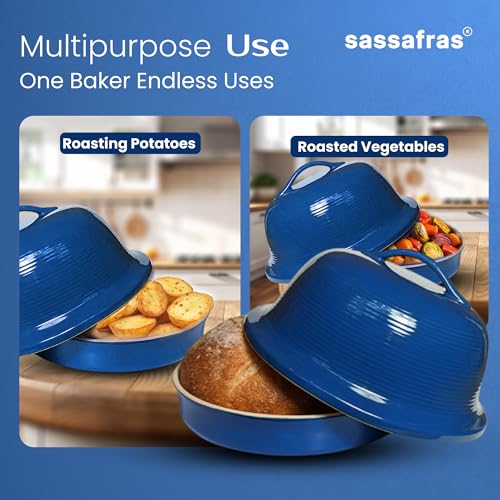 Superstone® Stoneware La Cloche® Bread Baker with Blue Glazed Exterior and Unglazed Interior Bakes an Artisan Bread with Crusty Crust and a Light Crumb (Blue)