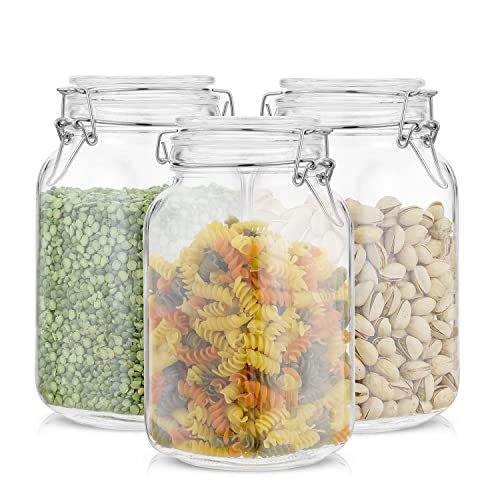 Airtight Glass Jars with Lids Set of 3. 50oz Glass Jar with Lid and 6 Silicone Seals! Med Glass Food Storage Containers. Square Mason Jar